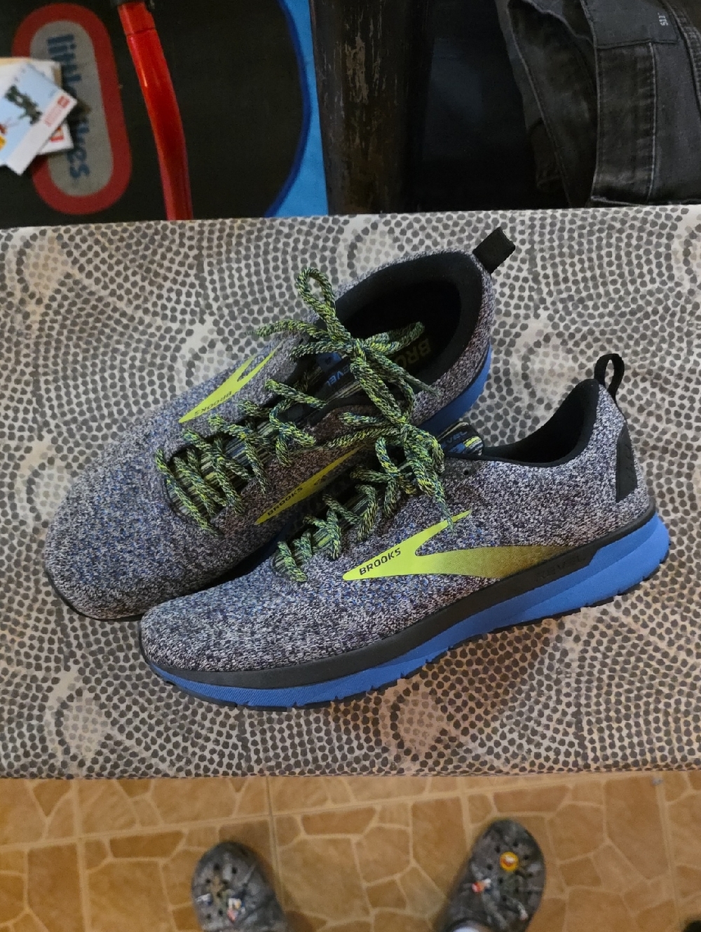 Brooks Revel Gray Knit Running Shoes with Blue Sole & Lime Accents
